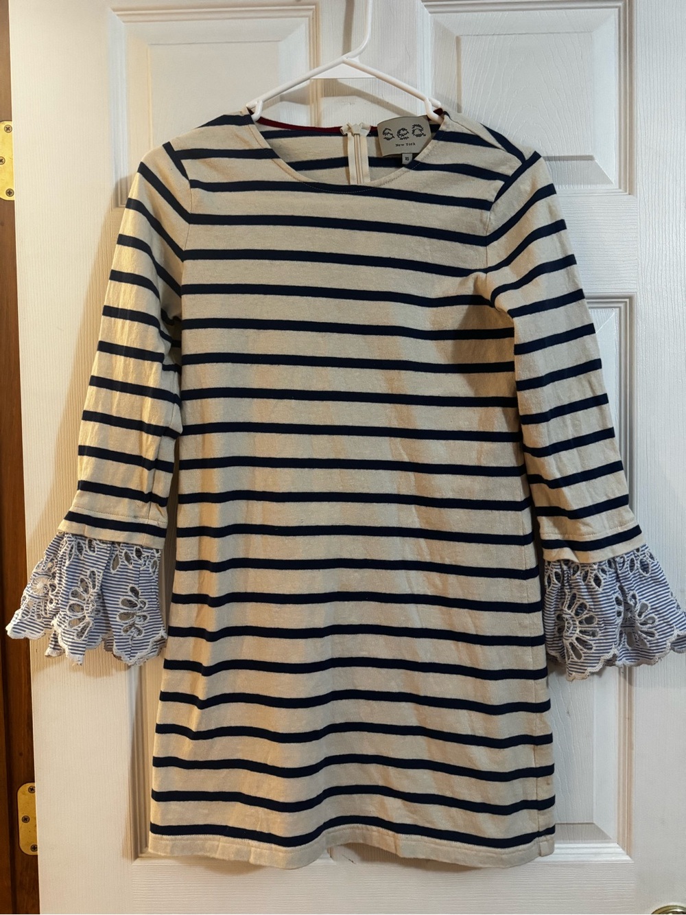 Sea New York Navy and Cream Striped Dress with Lace Bell Cuffs